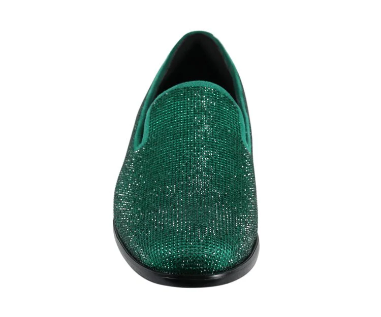 Amali Dazzle Men's Green Rhinestone Leather Slip On Loafers - Image 4