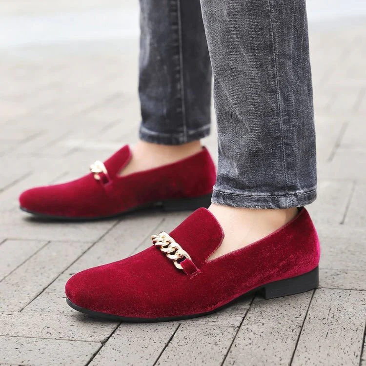 Amali Fay Burgundy Men's Velvet Slip On Loafers With Chain - Image 2