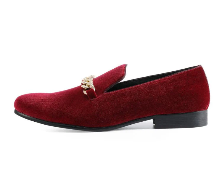 Amali Fay Burgundy Men's Velvet Slip On Loafers With Chain - Image 3