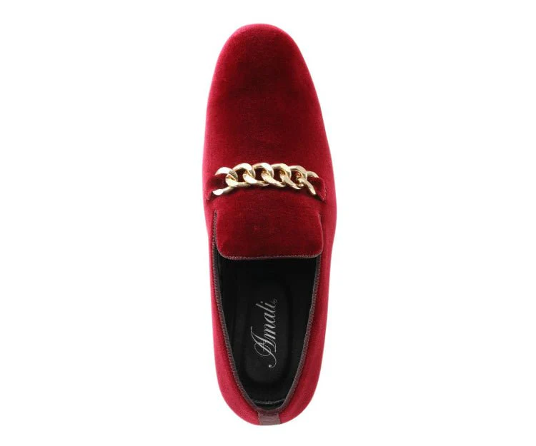 Amali Fay Burgundy Men's Velvet Slip On Loafers With Chain - Image 4