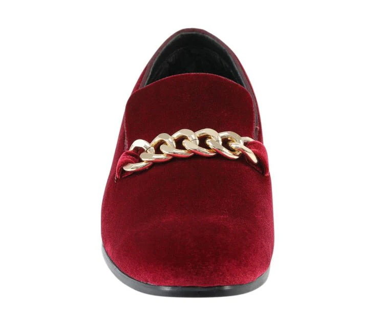 Amali Fay Burgundy Men's Velvet Slip On Loafers With Chain - Image 5