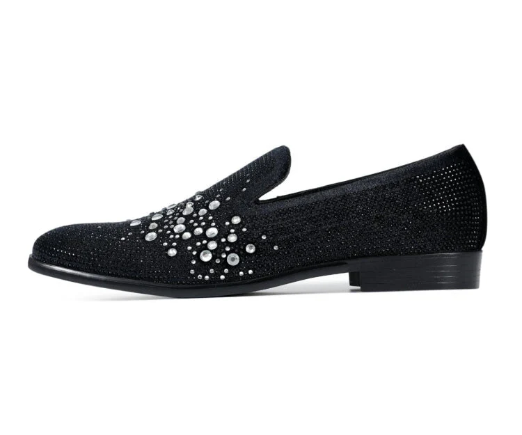 Amali Ivano Luxe Rhinestone Loafers Men’s Velvet Black Silver - Image 2