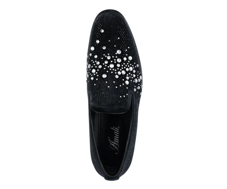 Amali Ivano Luxe Rhinestone Loafers Men’s Velvet Black Silver - Image 3