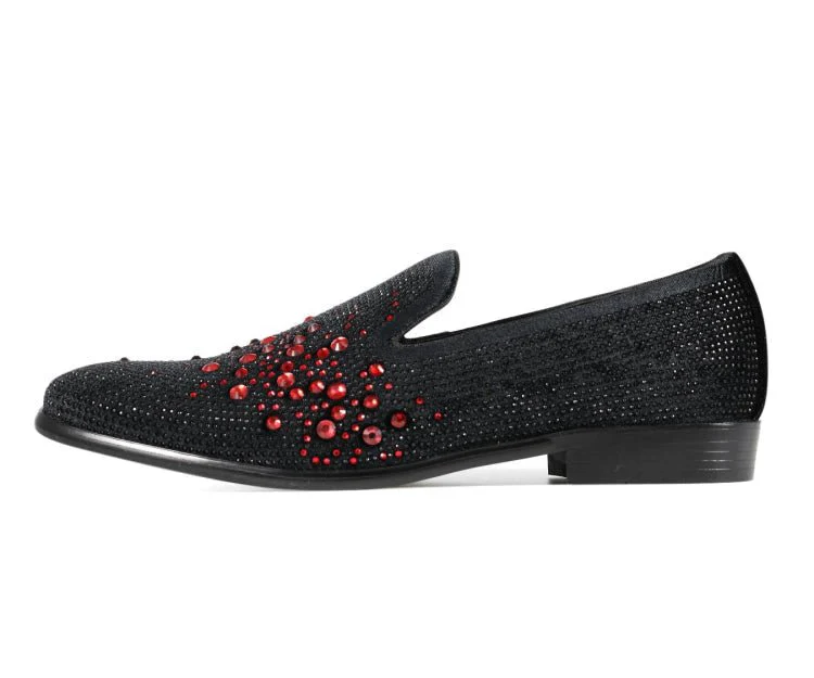 Amali Ivano Luxe Velvet Rhinestone Loafers Men’s Black Red - Image 3