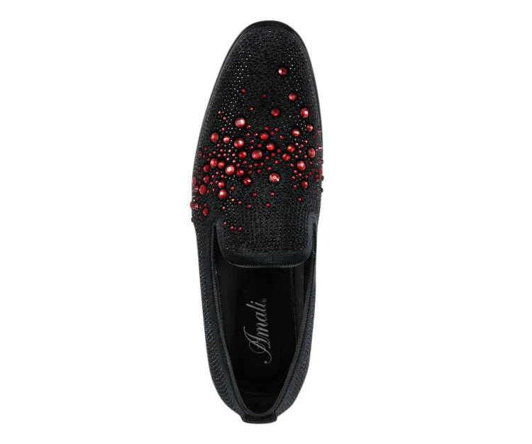 Amali Ivano Luxe Velvet Rhinestone Loafers Men’s Black Red - Image 4