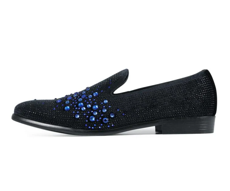 Amali Ivano Men’s Black and Royal Blue Rhinestone Luxe Velvet Loafers - Image 2