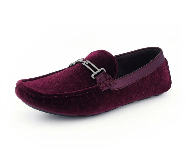 Amali Roberto Velvet Elegance Burgundy Floral Moccasins For Men