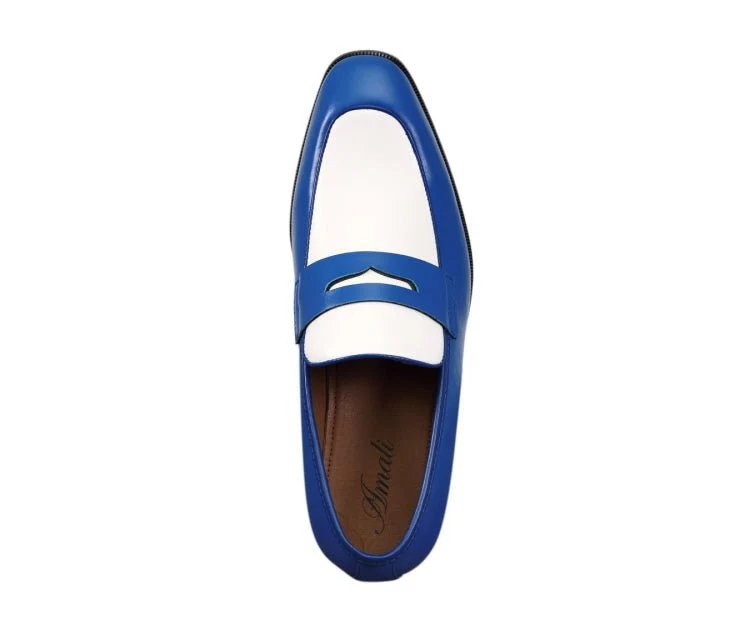 Amali Royal Elegance Two Tone Penny Loafers Men’s Leather Royal Blue and White - Image 3