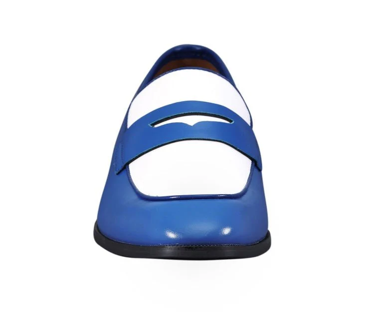 Amali Royal Elegance Two Tone Penny Loafers Men’s Leather Royal Blue and White - Image 4