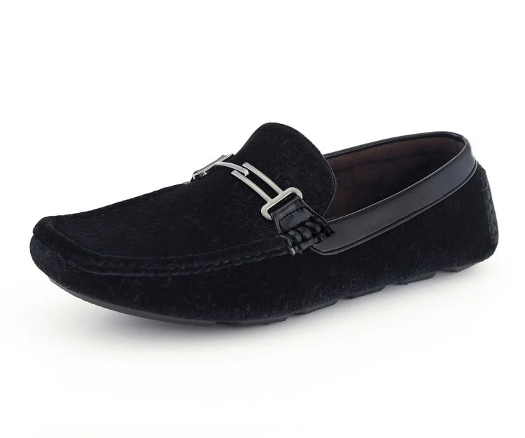 Amali Velvet Elegance Black Floral Driving Moccasins Men's Velvet