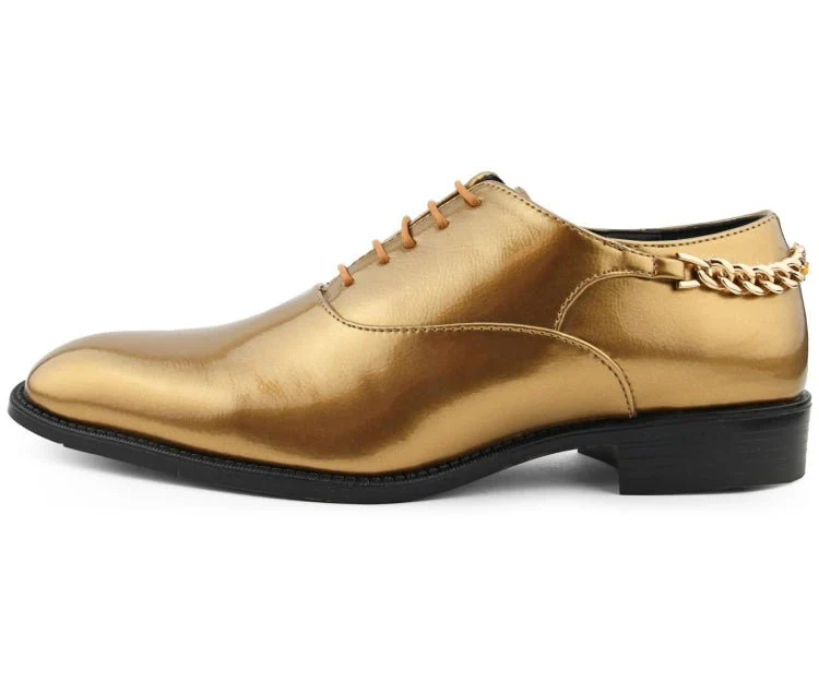 Bolano Chainz Men's Gold Leather Oxford Lace Up Shoes - Image 2