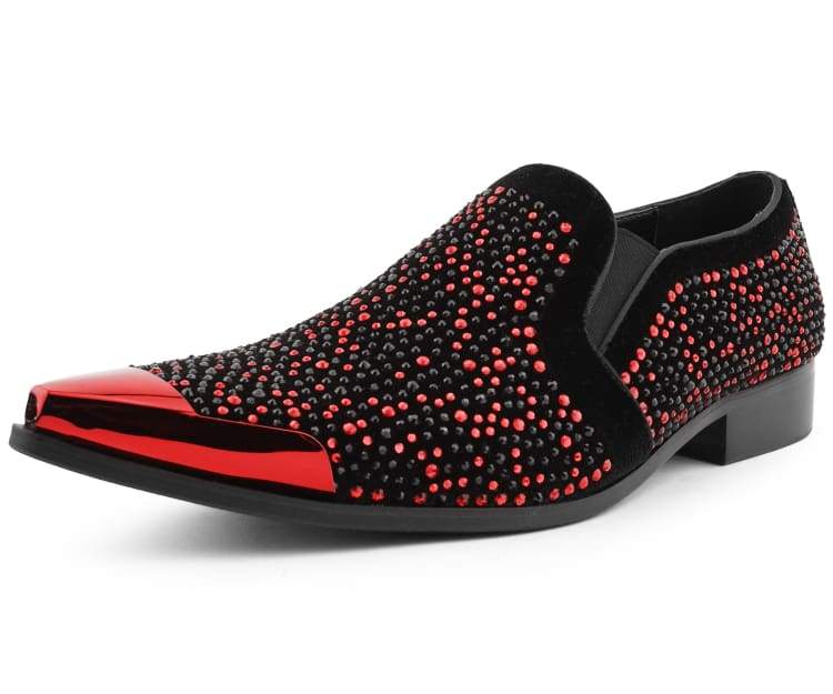 Bolano Desta Men's Black and Red Rhinestone Leather Loafers