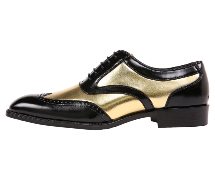 Bolano Lawson Men's Two Tone Metallic Gold and Black Leather Wingtip Oxford Shoes - Image 2