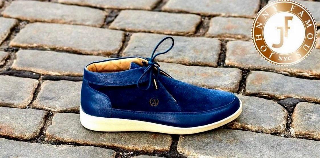 Johnny Famous Bally Style Central Park Men’s High Tops – Navy Blue Suede and Leather – Vintage 80s Vibe - Image 4