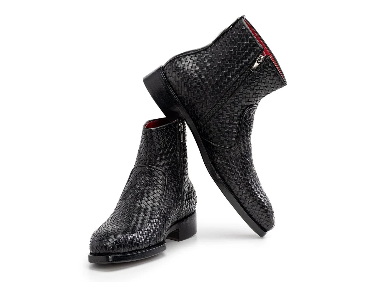 Paul Parkman Black Woven Leather Goodyear Welted Zipper Boots (ID#BT269BLK) - Image 2