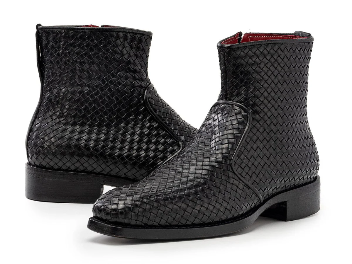 Paul Parkman Black Woven Leather Goodyear Welted Zipper Boots (ID#BT269BLK) - Image 3