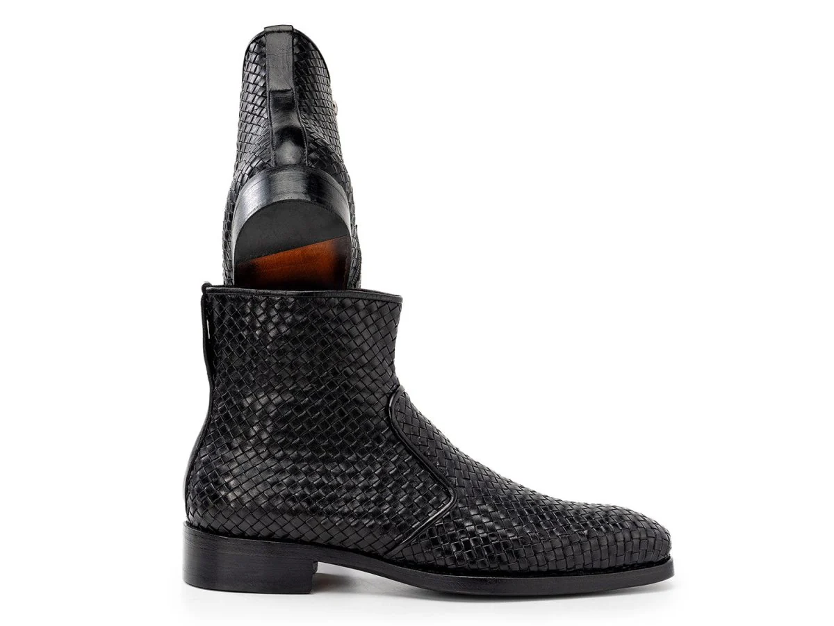 Paul Parkman Black Woven Leather Goodyear Welted Zipper Boots (ID#BT269BLK) - Image 4