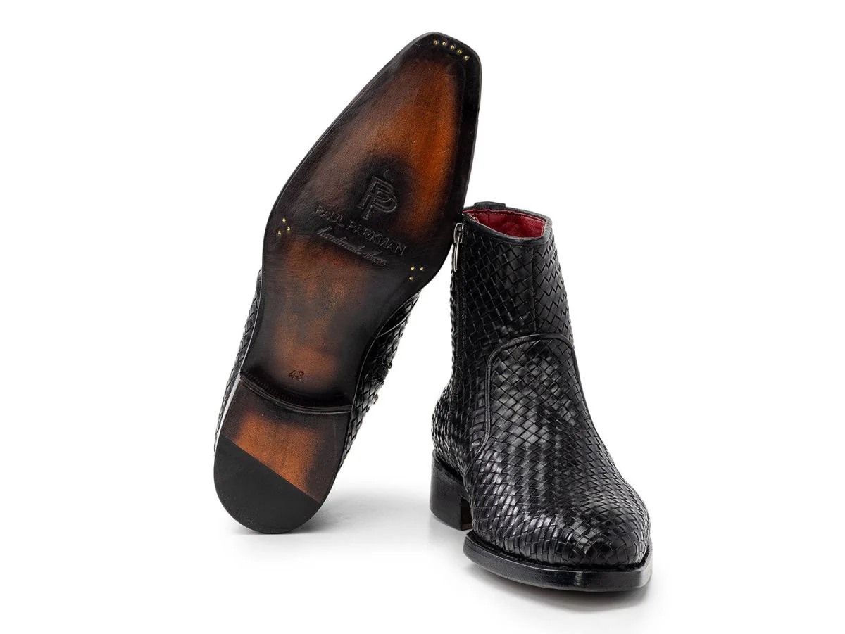 Paul Parkman Black Woven Leather Goodyear Welted Zipper Boots (ID#BT269BLK) - Image 5