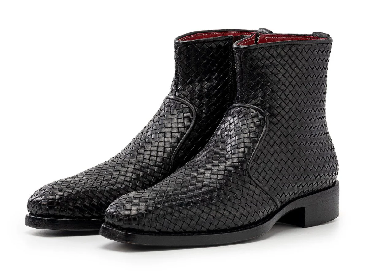 Paul Parkman Black Woven Leather Goodyear Welted Zipper Boots (ID#BT269BLK) - Image 6