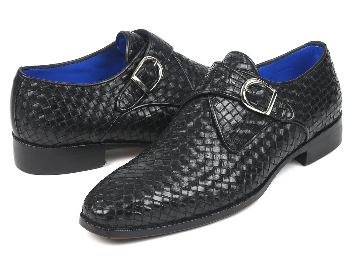 Paul Parkman Black Woven Leather Single Monkstraps (ID#011WN95) - Image 2