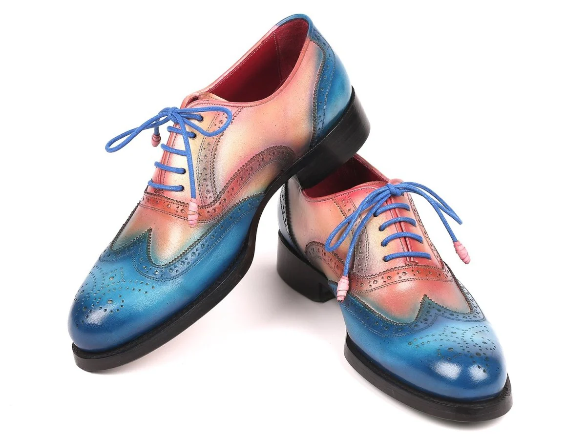 Paul Parkman Blue and Pink Men's Wingtip Oxfords Goodyear Welted (ID#027-BLUPNK) - Image 4