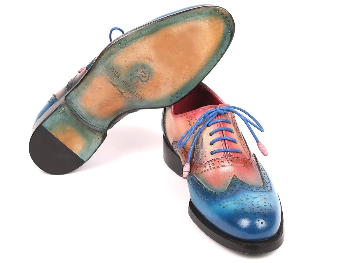 Paul Parkman Blue and Pink Men's Wingtip Oxfords Goodyear Welted (ID#027-BLUPNK) - Image 5