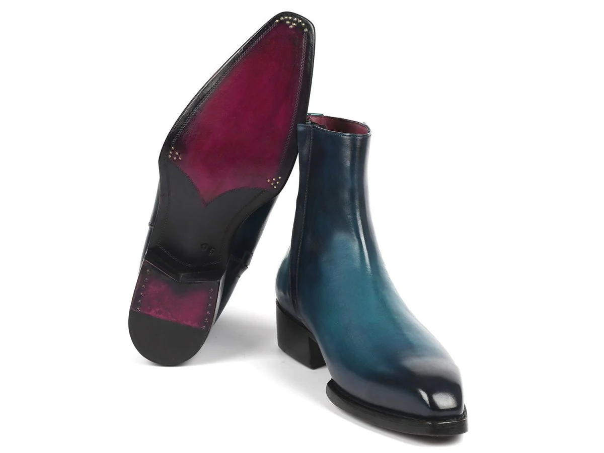 Paul Parkman Blue Burnished Side Zipper Boots Goodyear Welted (ID#BT3955-BLU) - Image 3