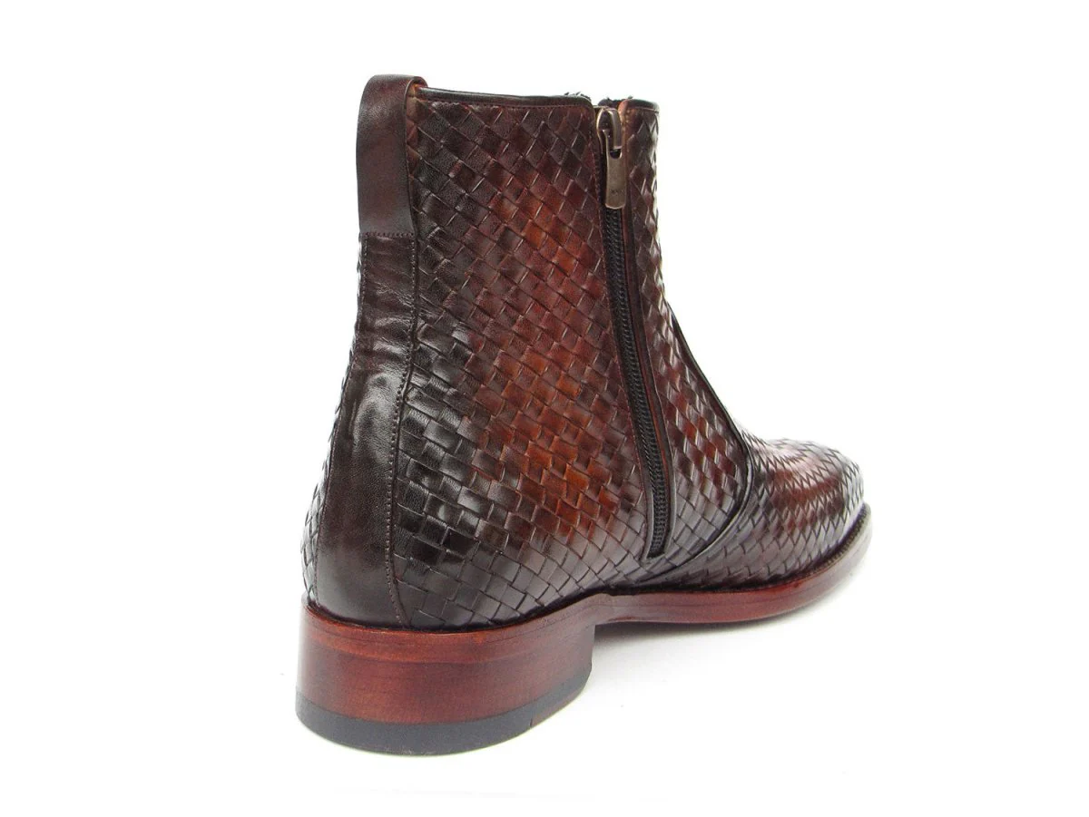 Paul Parkman Brown Burnished Woven Leather Zipper Boots - Image 5
