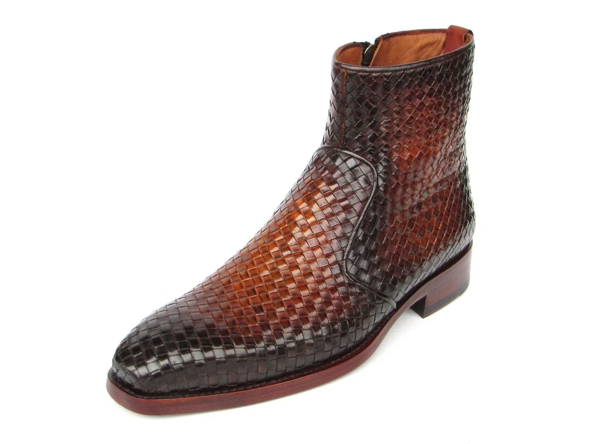 Paul Parkman Brown Burnished Woven Leather Zipper Boots - Image 6