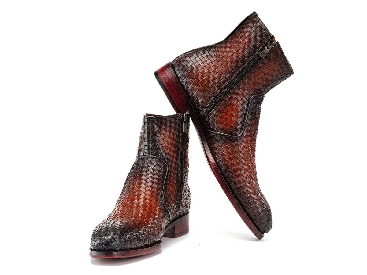 Paul Parkman Brown Burnished Woven Leather Zipper Boots (ID#BT269BRW) - Image 3