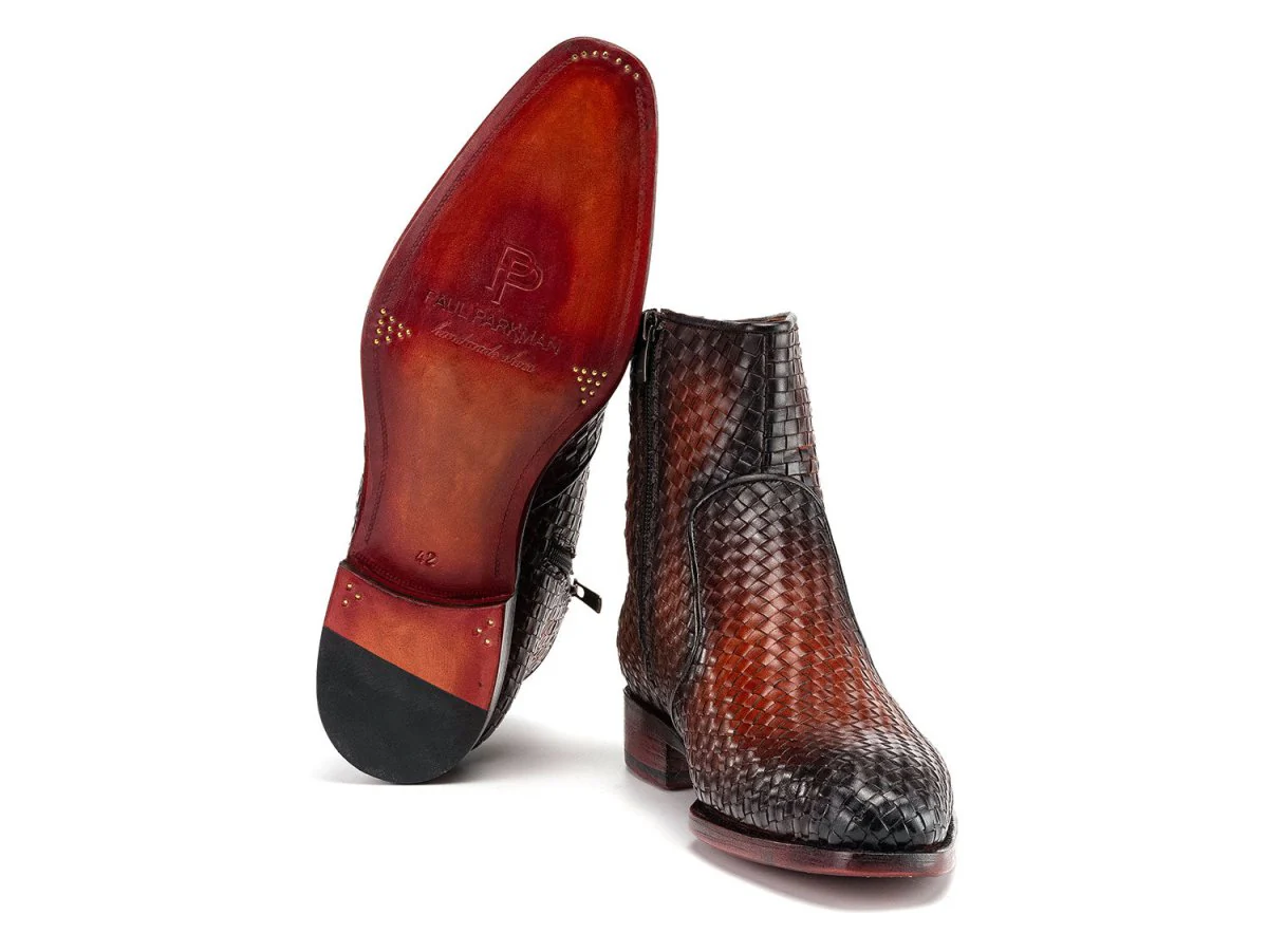 Paul Parkman Brown Burnished Woven Leather Zipper Boots (ID#BT269BRW) - Image 4