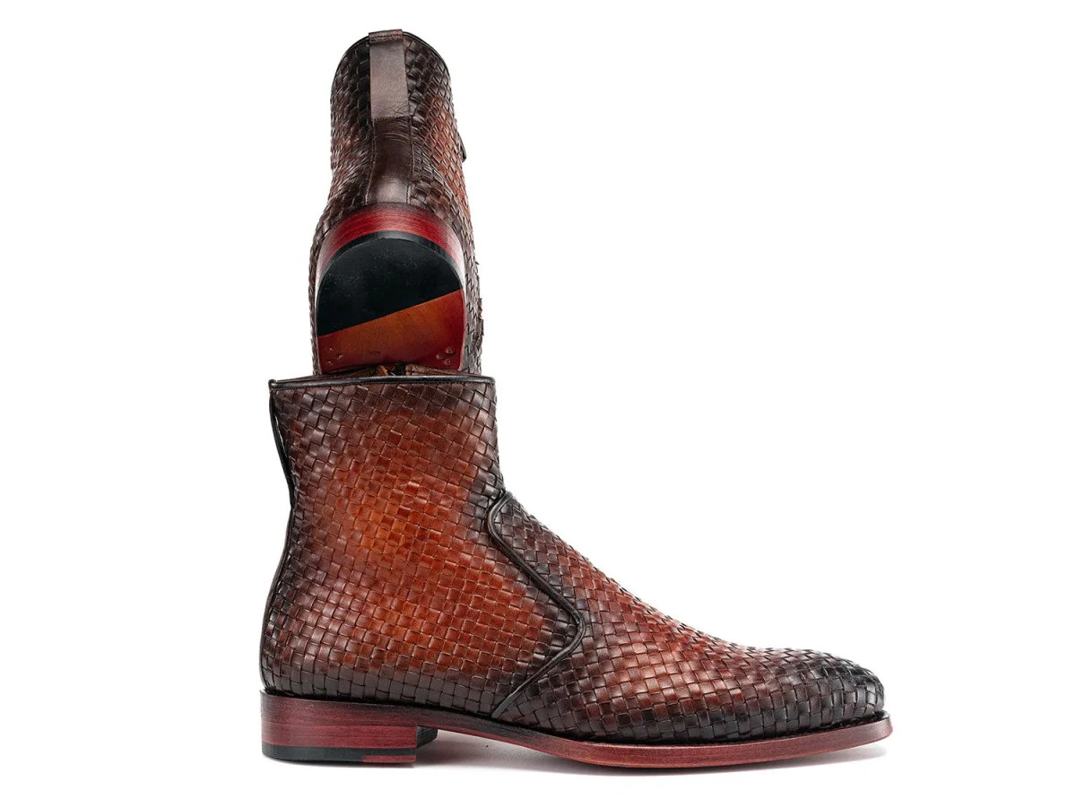 Paul Parkman Brown Burnished Woven Leather Zipper Boots (ID#BT269BRW) - Image 5