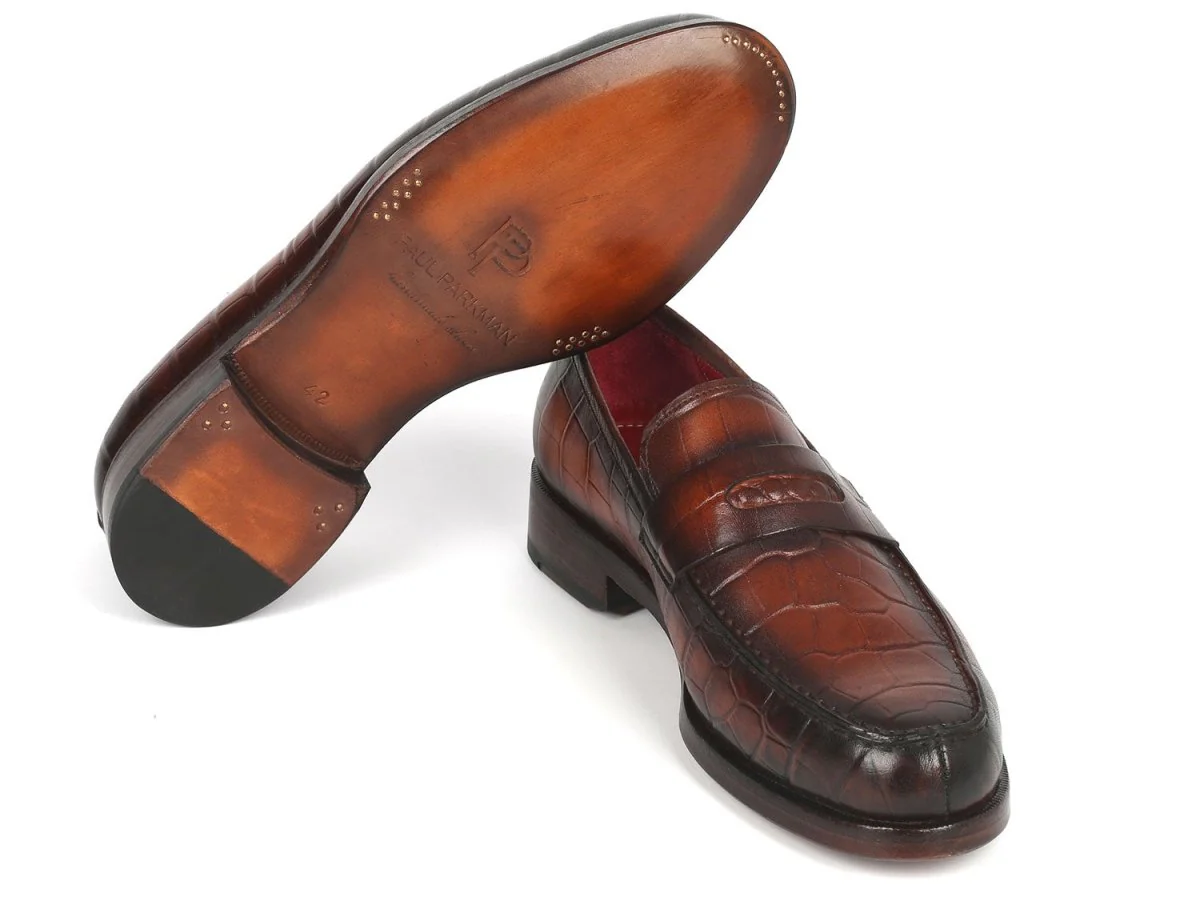 Paul Parkman Brown Crocodile Embossed Calfskin Penny Loafers (ID#3857-BRW) - Image 3