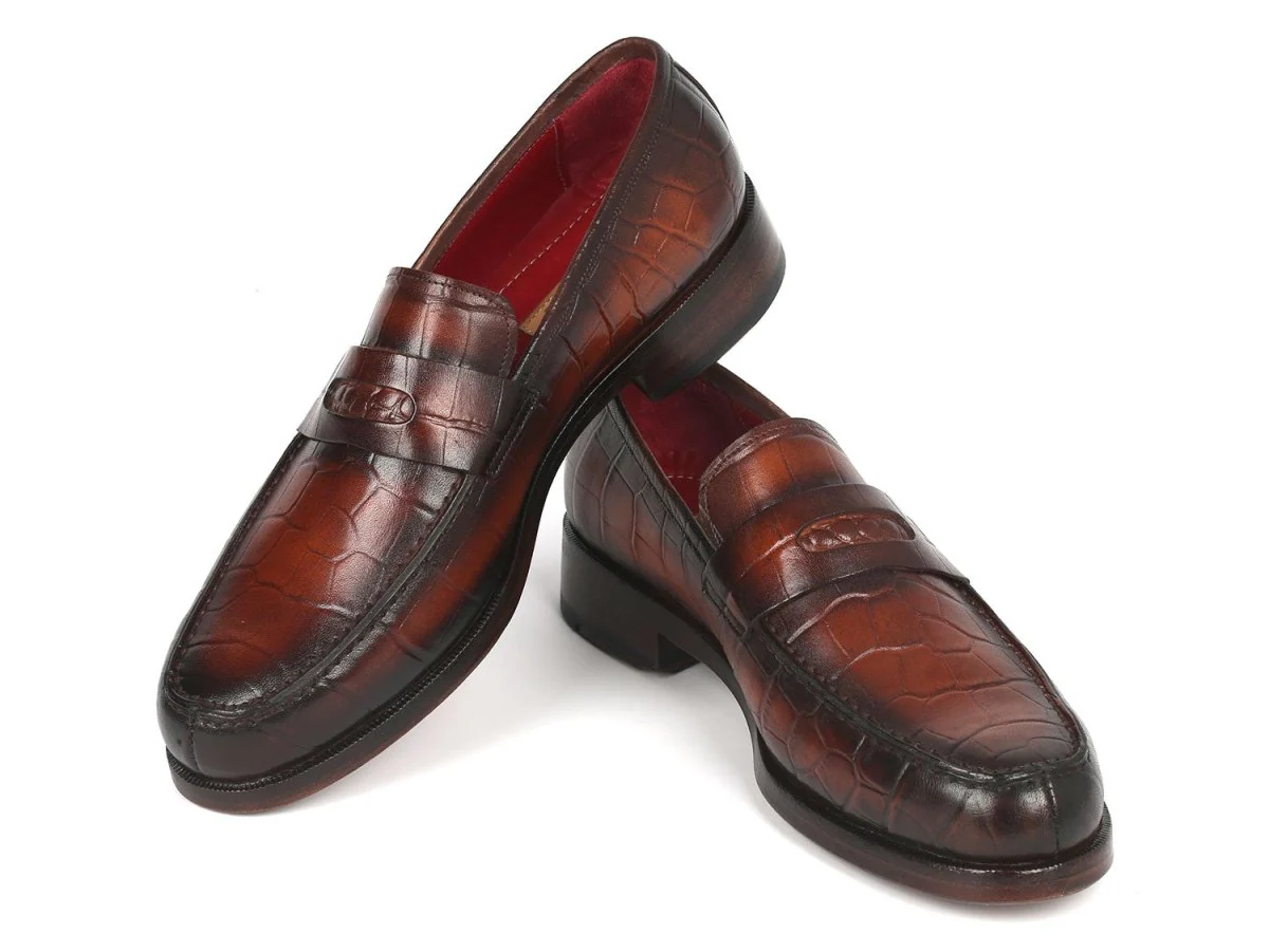 Paul Parkman Brown Crocodile Embossed Calfskin Penny Loafers (ID#3857-BRW) - Image 5