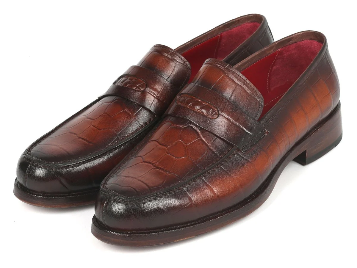 Paul Parkman Brown Crocodile Embossed Calfskin Penny Loafers (ID#3857-BRW) - Image 6