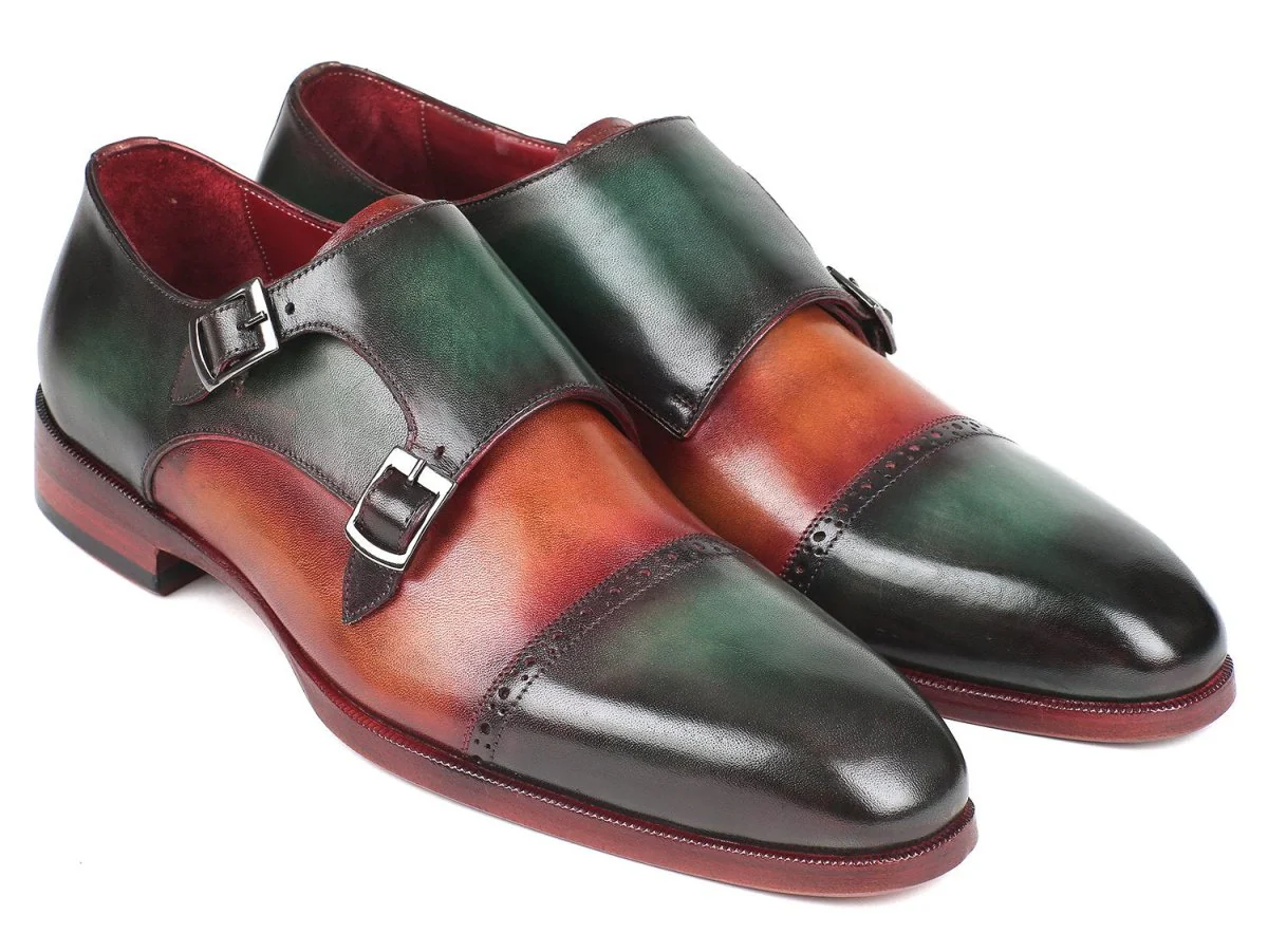 Paul Parkman Captoe Double Monkstraps Green and Camel (ID#045GC61)