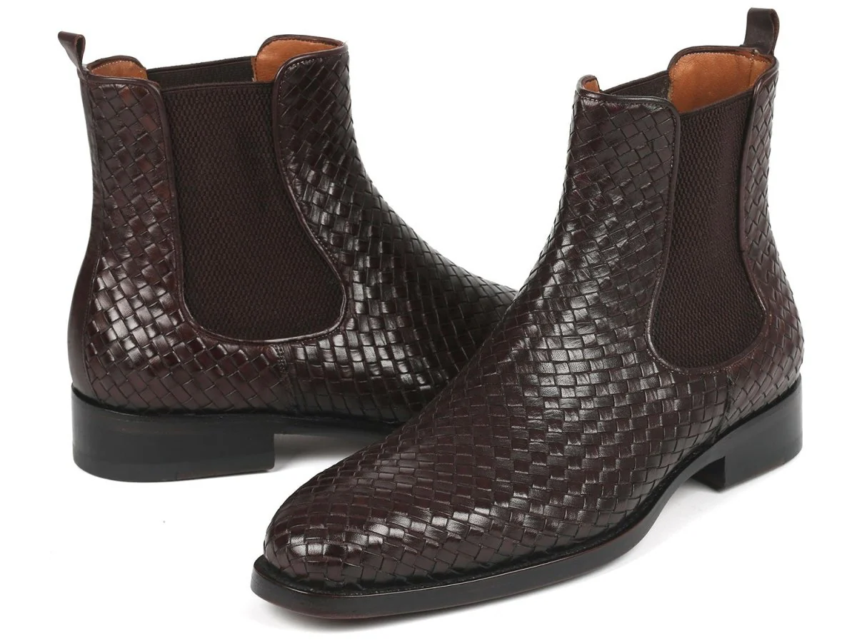 Paul Parkman Chocolate Brown Woven Leather Chelsea Boots (ID#92WN87-BRW) - Image 2