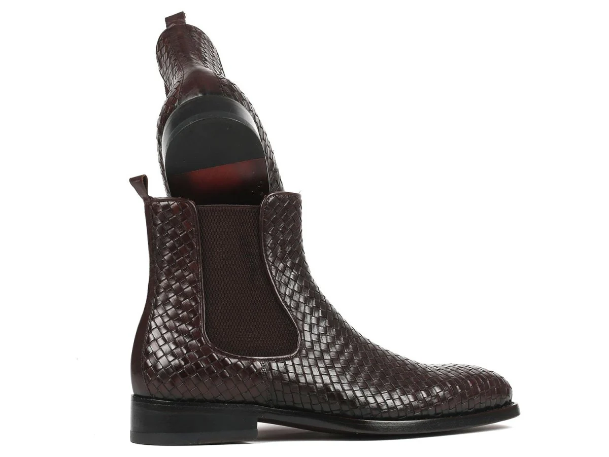 Paul Parkman Chocolate Brown Woven Leather Chelsea Boots (ID#92WN87-BRW) - Image 3