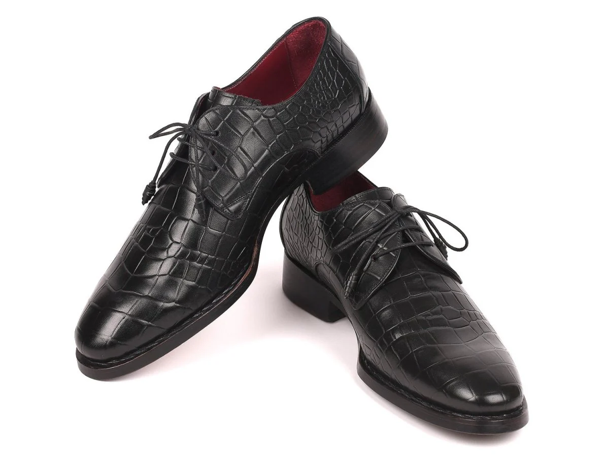 Paul Parkman Croco-Embossed Calfskin Goodyear Welted Derby Shoes in Black - Image 4