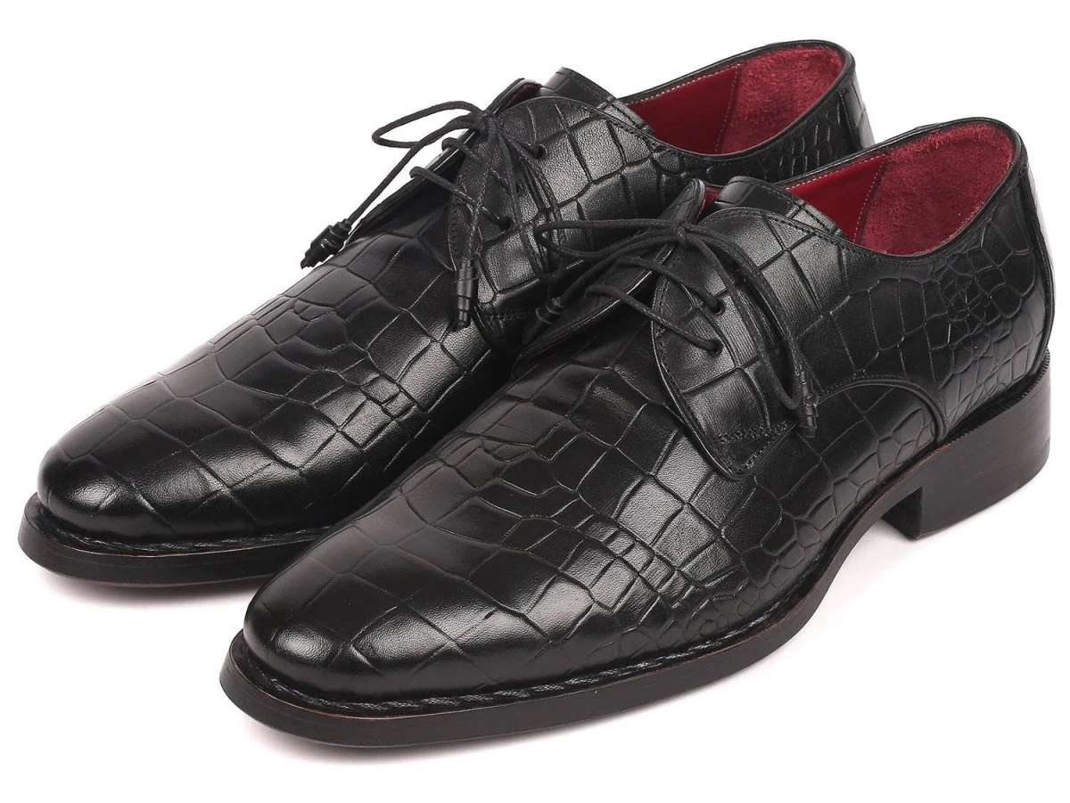 Paul Parkman Croco-Embossed Calfskin Goodyear Welted Derby Shoes in Black - Image 5