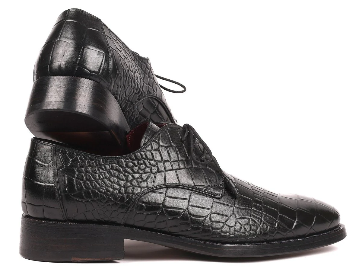 Paul Parkman Croco-Embossed Calfskin Goodyear Welted Derby Shoes in Black - Image 6