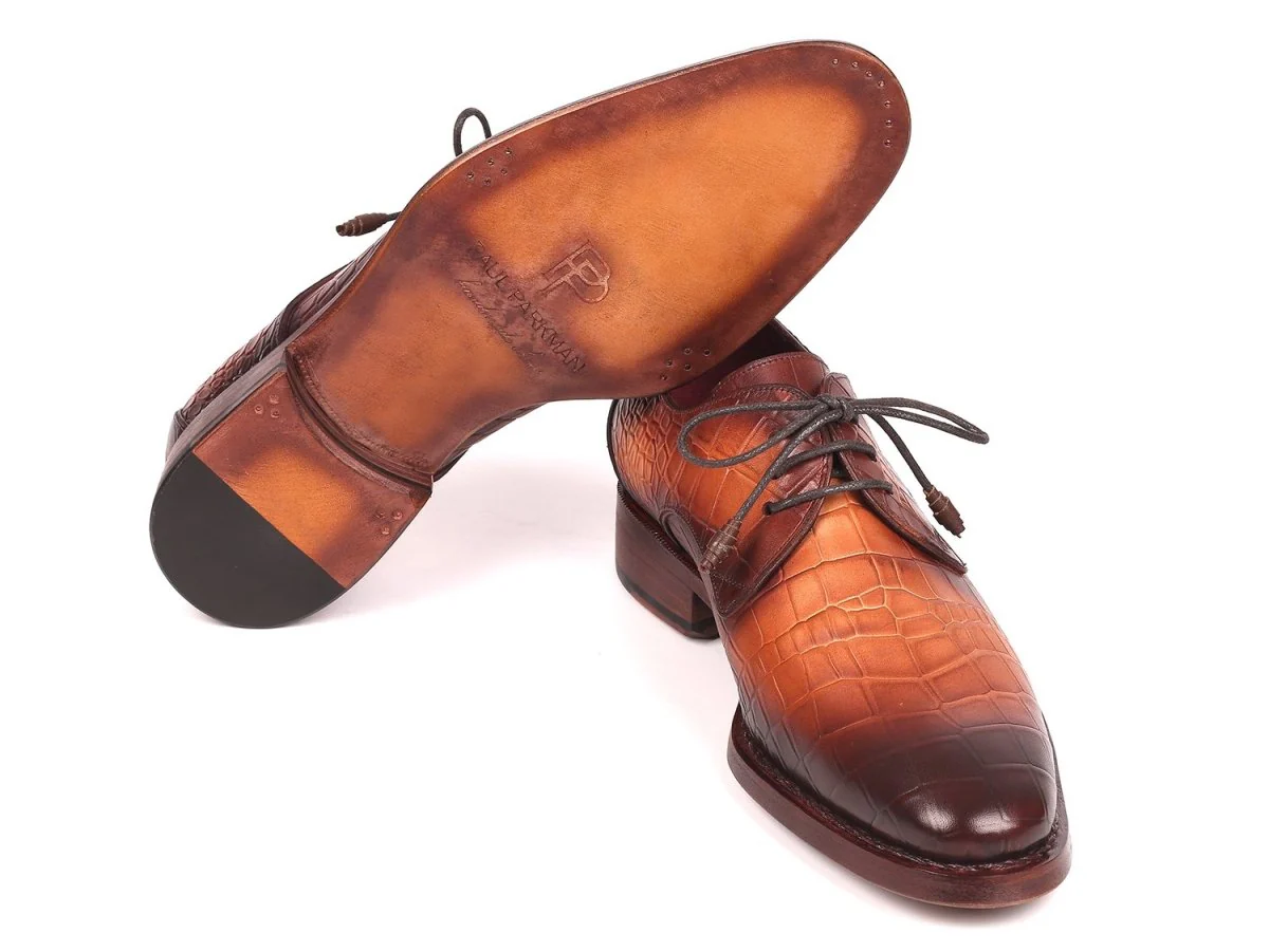 Paul Parkman Croco-Embossed Calfskin Goodyear Welted Derby Shoes in Brown - Image 3
