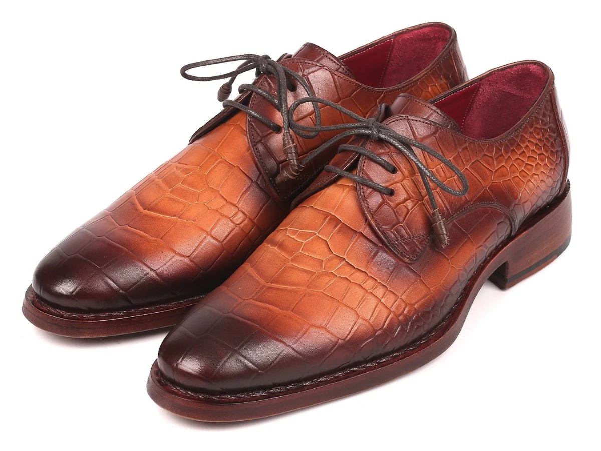 Paul Parkman Croco-Embossed Calfskin Goodyear Welted Derby Shoes in Brown - Image 5