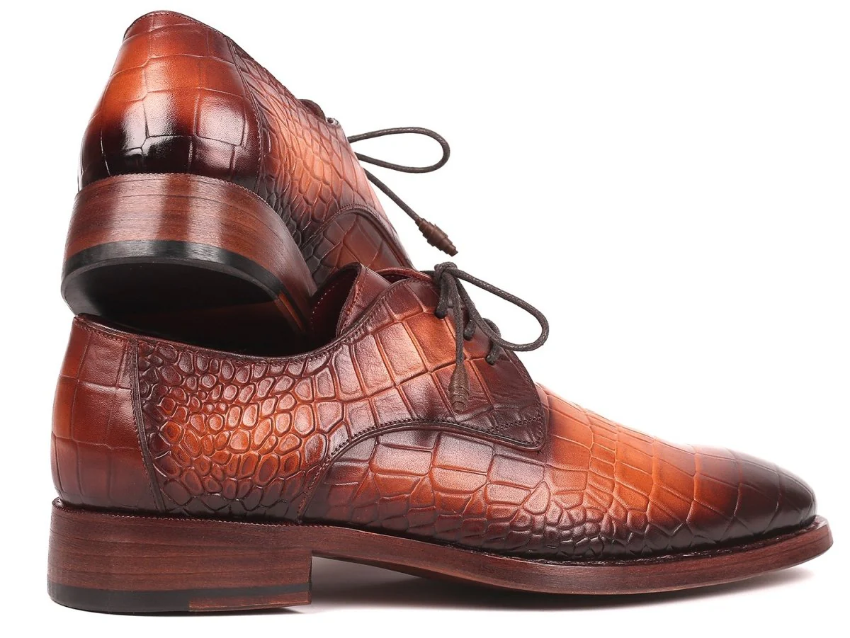 Paul Parkman Croco-Embossed Calfskin Goodyear Welted Derby Shoes in Brown - Image 6