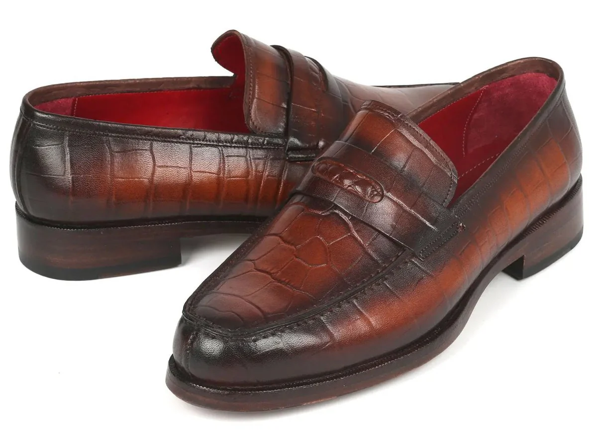 Paul Parkman Croco-Embossed Calfskin Penny Loafers in Brown - Image 4