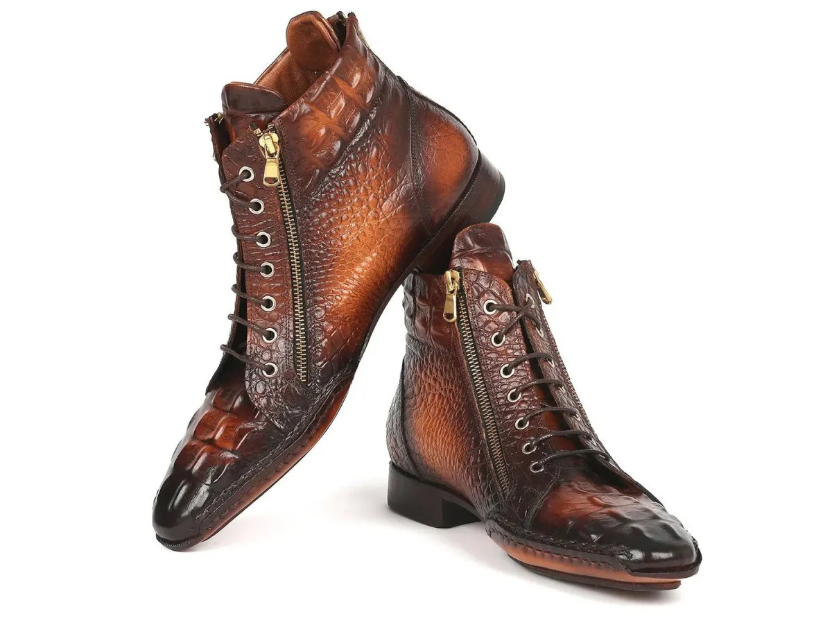 Paul Parkman Croco-Textured Calfskin Handmade Zipper Boots in Brown Burnished - Image 4