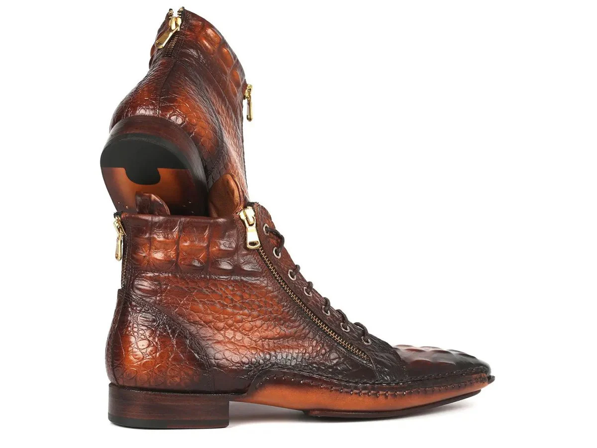 Paul Parkman Croco-Textured Calfskin Handmade Zipper Boots in Brown Burnished - Image 5