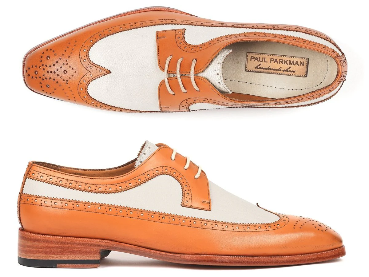 Paul Parkman Dual Tone Wingtip Derby Shoes Cognac and Cream (ID#924CC55)