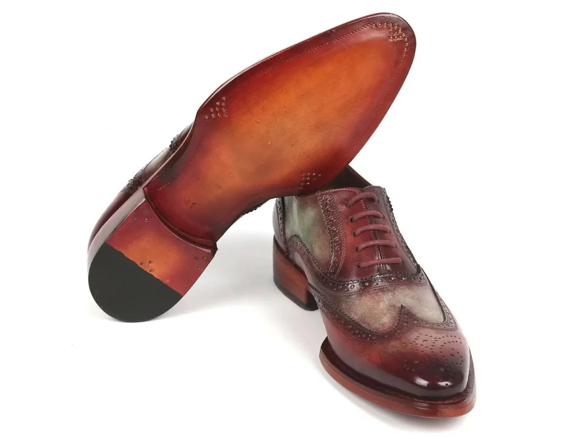 Paul Parkman Goodyear Welted Men's Two Tone Wingtip Oxfords in Green and Bordeaux - Image 3