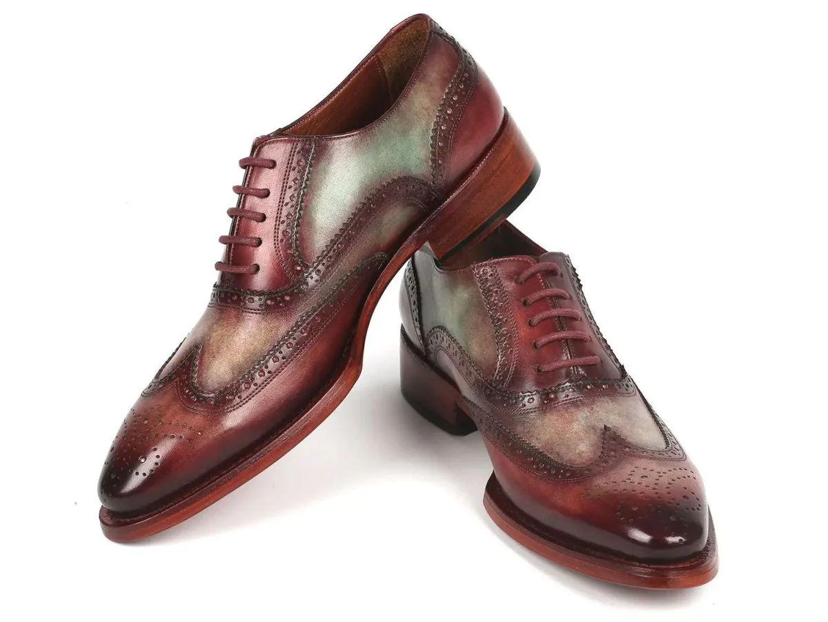 Paul Parkman Goodyear Welted Men's Two Tone Wingtip Oxfords in Green and Bordeaux - Image 5